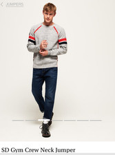 SUPERDRY Gym Crew Knit Side Logo Long Sleeve Pullover Jumper Cotton Mix Gray L