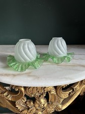 Pair Of Vintage Ruffled Glass Edged Light Shades, Green With Frosted Glass