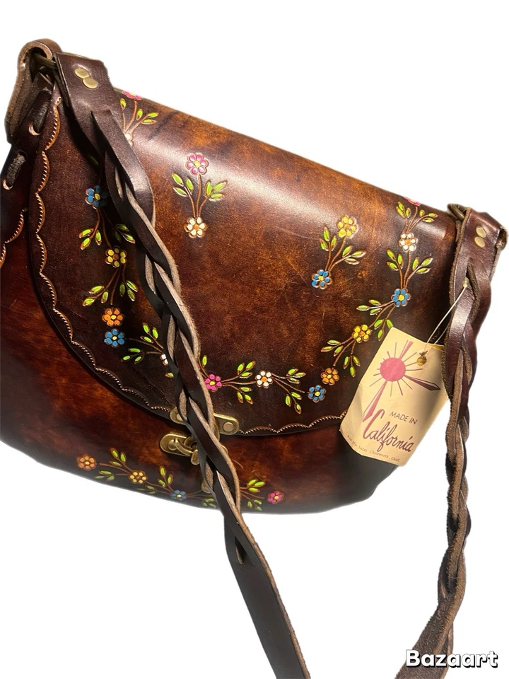 Vintage 1970's Handmade Hand Tooled Brown Leather Handbag With Original Tags - Image 3 of 4