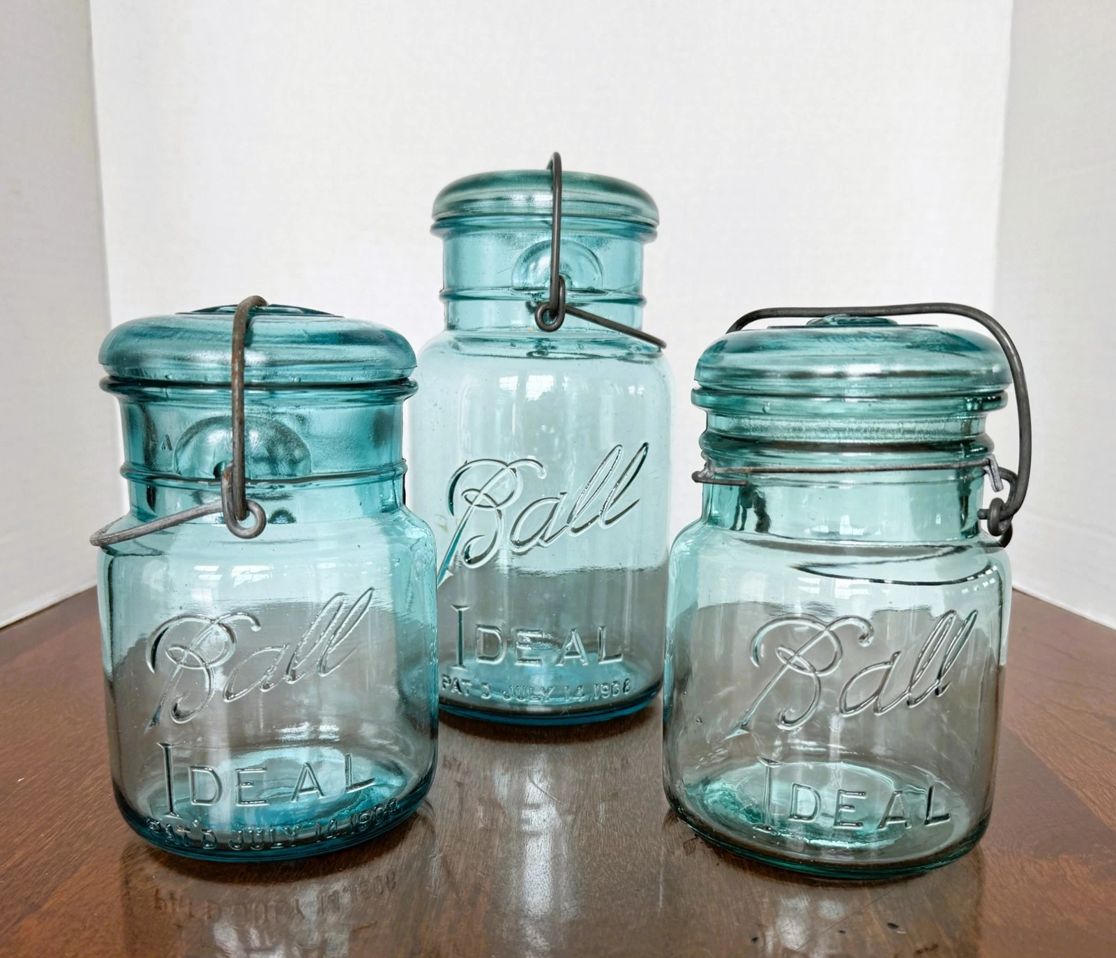 Lot of 3 Ball Jars with Glass Lids with Wire Bails Ideal Pat'd July 14 1908