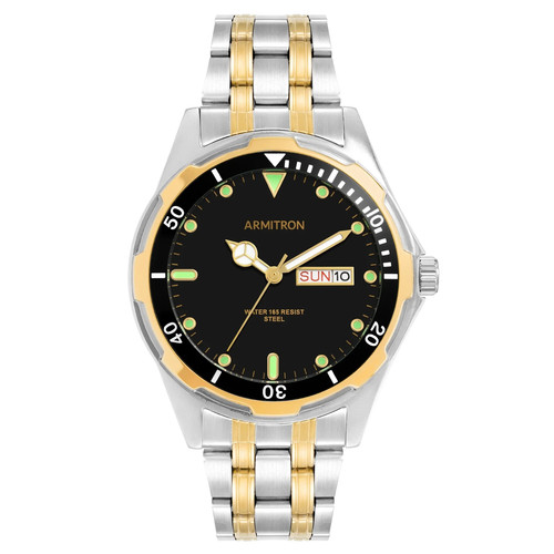 Armitron Men Two Tone Round Black Dial Day Date Stainless Steel Bracelet Watch