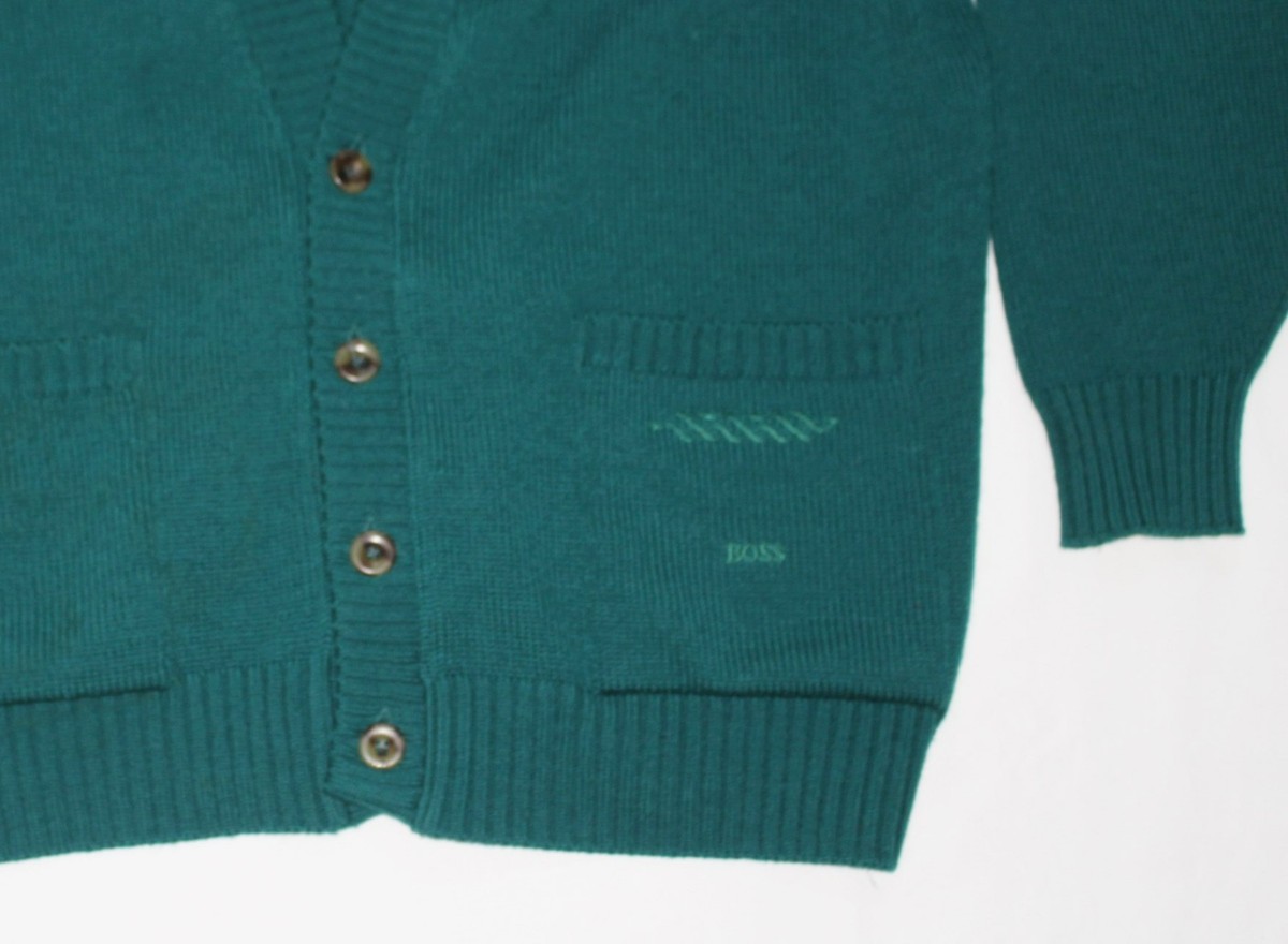 vtg 80s HUGO BOSS Knit WOOL Button Sweater Men's Large L 42 Teal Green  Germany