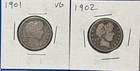 1901 And 1902 Philadelphia Barber Quarter Lot Of Two