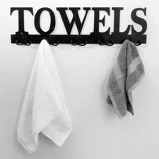 5 Dual-Hook Wall Mounted Bathroom Towel Rack with Cutout Design, Black Metal