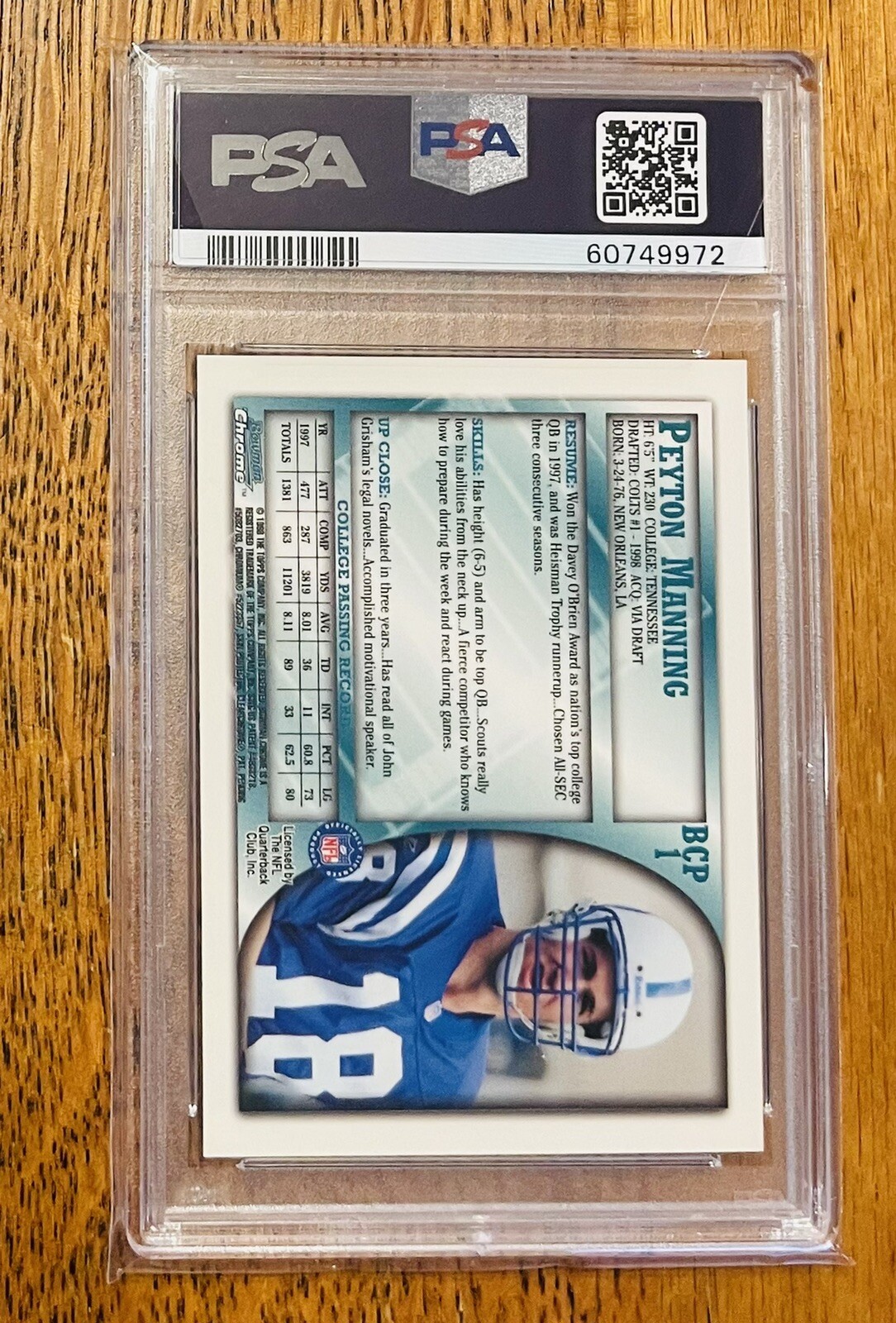 1998 Bowman Chrome Preview #BCP1 Peyton Manning PSA 10 Gem Mint Colts view 2
