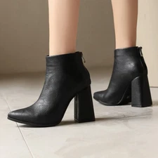 Women High Chunky Heel Ankle Fashion Pointed Toe Back Zip Chelsea Boots
