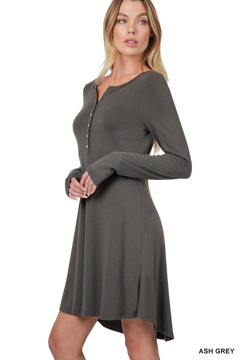 button down skater dress Women's Skater Dress Long Sleeve Button Down Rayon Round Hem Zenana