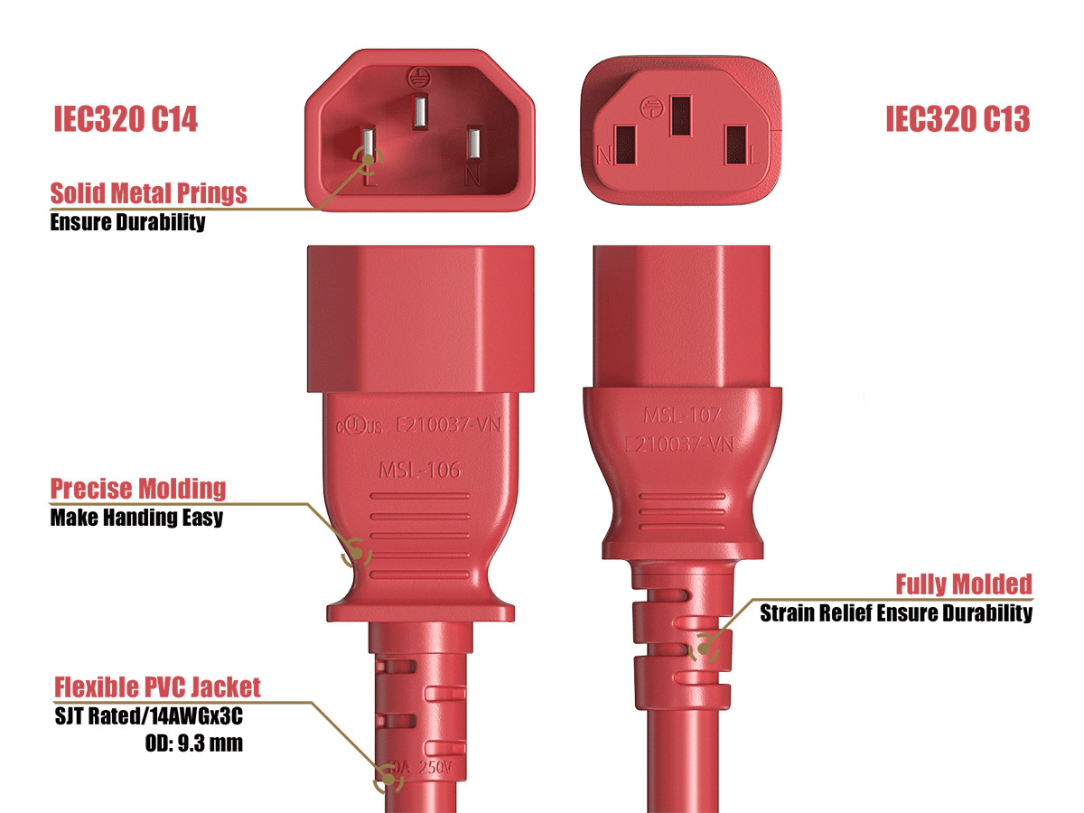 Cable Leader 2ft C13 to C14 Heavy-Duty Power Extension Cord 14 AWG 15A RED