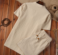 Men Summer Outfit 2-Piece Set Short Sleeve T Shirts and Shorts Cotton Linen