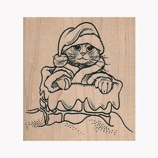 Mounted Rubber Stamp, Cat Santa in Chimney, Christmas Cat, Holiday Cat, Kitty