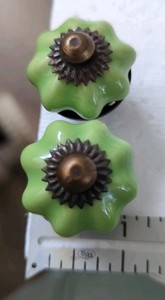 Set Of 2 Antique Style Ceramic Drawer Pulls Green Flower Kitchen Cabinet Knobs