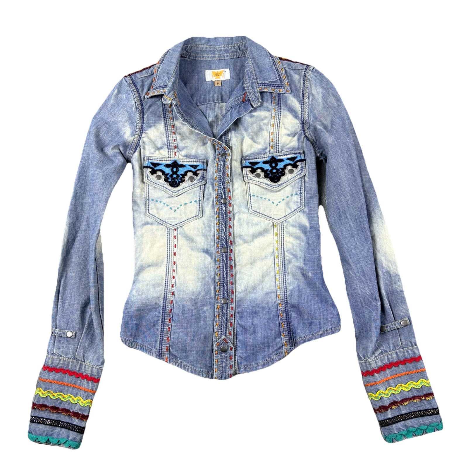 Womens Denim Jacket Shirt Light Wash Blue Petite Boho Western Y2K Embroidered