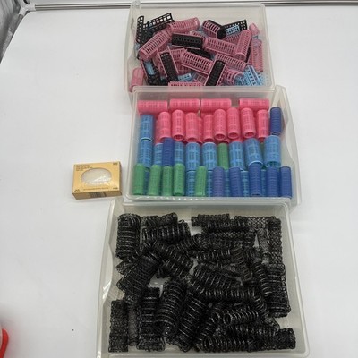 Vintage Hair Curlers Set In Various Colors & Styles W/ Box Of Curl Paper & Clips