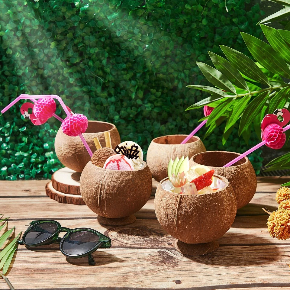 Tazas de coco con pajitas de flamenco hawaiano Luau decoración de fiesta pajitas rosas... Foto 4 de 4