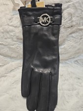 NWT Michael Kors Black Silver Women's Leather Logo Ornament Tech Gloves Size M