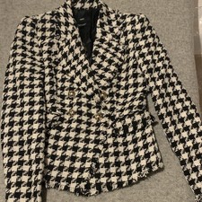 MNG Women’s Black White Houndstooth Button Jacket Lined Short Long Sleeve XS