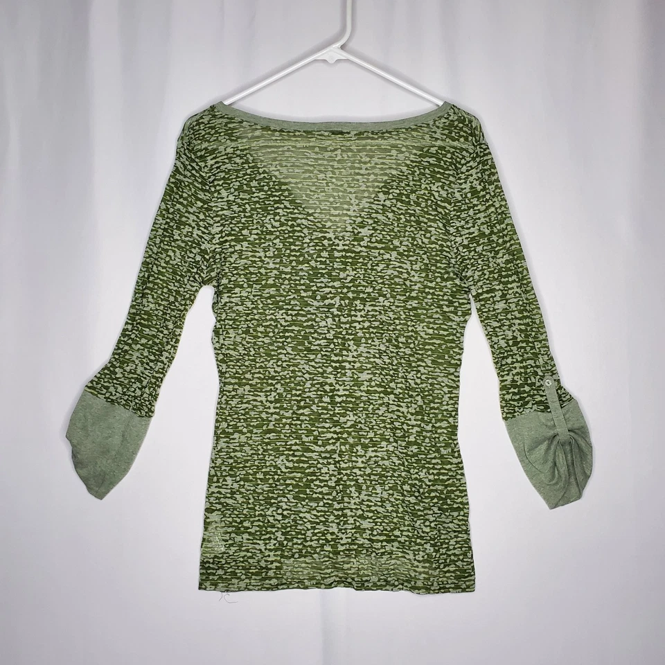 Energie Burnout Henley Shirt Juniors XL Green Sheer 3/4 Roll Sleeve Vneck Grunge - Image 2 of 4