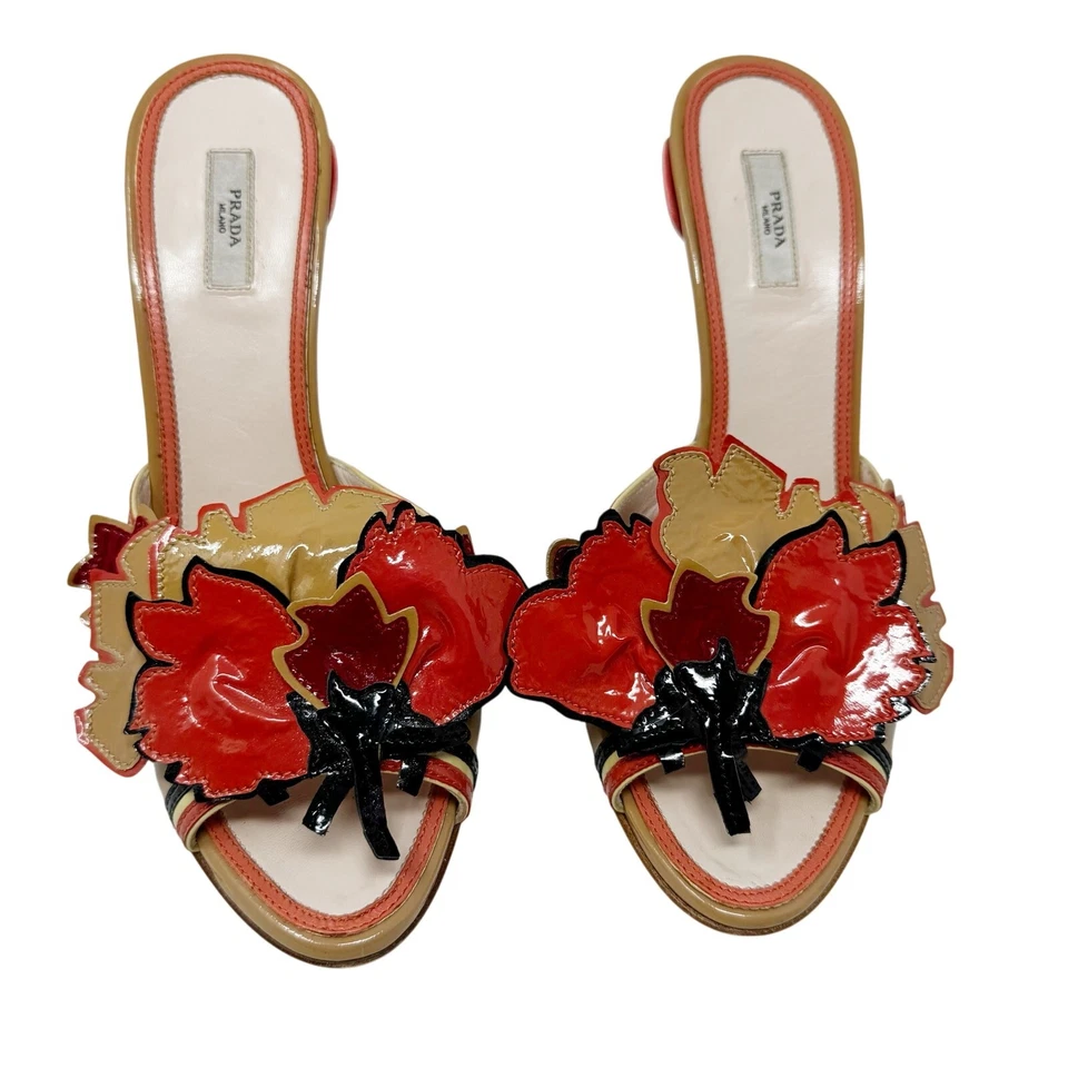 PRADA Red Tan Vintage Flower Heels Mules Spring 2008 Fairy Collection EU 37.5 - Image 4 of 4