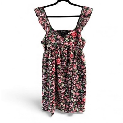 Merigold Kiss Floral Eyelet Mini Dress Medium Black Pink Ruffle Smocked NWT