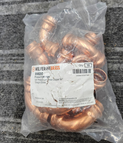 (QTY 10)Wolverine Brass 99600 Press Fittings, 3/4"X3/4" Press Copper 90 Elbow
