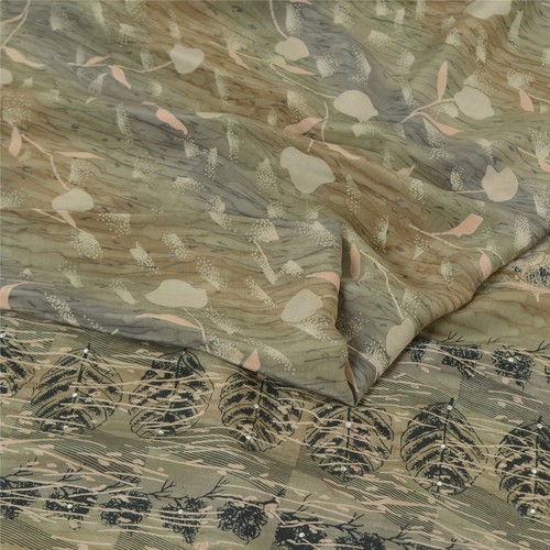 Sanskriti Vintage Sarees Multicolor Sequins Pure Crepe Printed Sari 5+yd Fabric - Picture 3 of 12