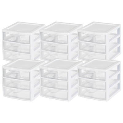 Sterilite ClearView Plastic Small 3 Drawer Desktop Storage Unit, White, 6 Pack