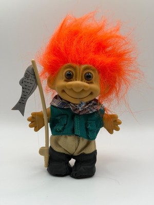 VINTAGE RUSS TROLL DOLL - GONE FISHIN FISHING WITH POLE ORANGE HAIR