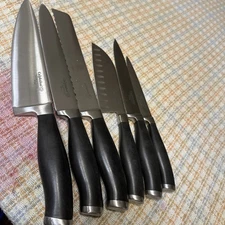 Calphalon chef 8” slicer 8” bread 8”santoku 5” Full Forged Blade Black Handle