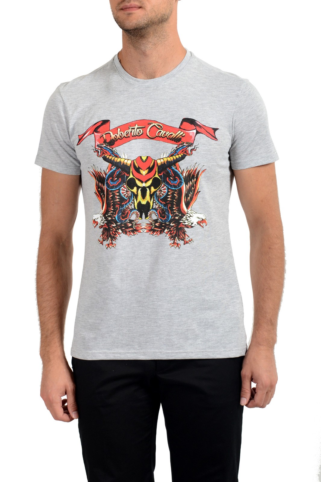 Roberto Cavalli Mens Gray Graphic Print Crewneck T-Shirt US M IT 50 13190₽