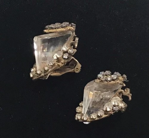 Signed Vintage Miriam Haskell Crystal Lucite and Rhinestone Clip On Earrings