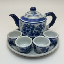 Vintage Andrea By Sadek Blue White Mini Tea Set Flower Tray Cup Saucer Dollhouse