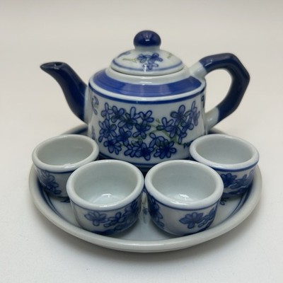 Vintage Andrea By Sadek Blue White Mini Tea Set Flower Tray Cup