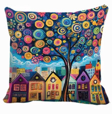 Traditional Style Abstract PIllow Cover-Colorful, Whimisical City Scene 18x18in