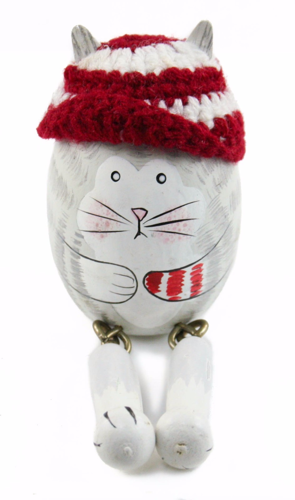 Red and Gray Wooden Cat Beanie Christmas Ornament Holiday Tree Decoration