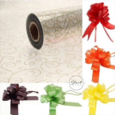 ShredAstic® Gold Scroll Cellophane Gift Wrap pull bow Hamper Wrap Kit