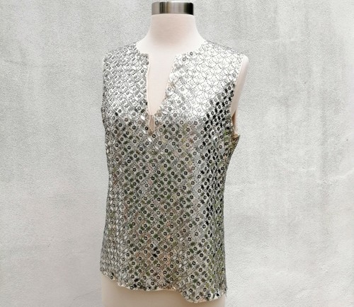 TORY BURCH Women's SILK SEQUIN SPLIT-V SLEEVELESS TOP White Silver Metallic  Sz.6 | eBay