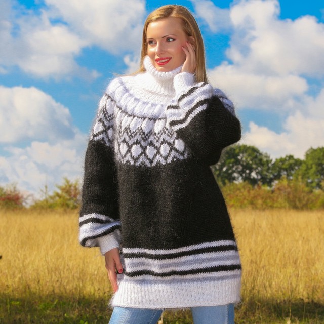 Black white mohair sweater Icelandic thick hand knit Nordic jumper SuperTanya | eBay