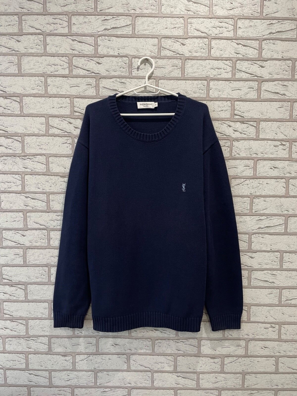 Maglione YSL Yves Saint Laurent vintage da uomo lavorato a maglia blu scuro maglione taglia XL