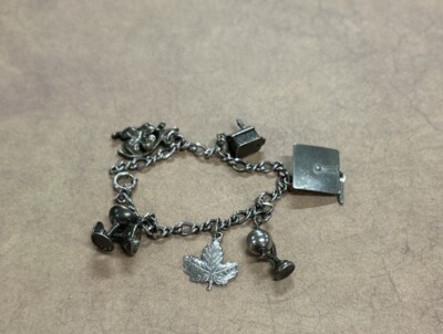 Vintage LeStage Sterling Silver 8in Charm Bracelet With 6 Sterling Silver Charms
