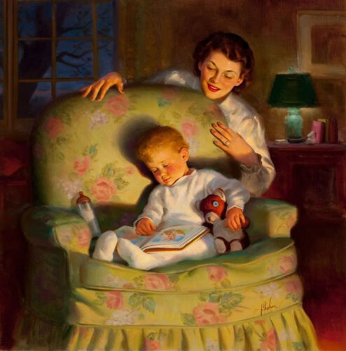 BEDTIME STORIES Frahm Mother and Baby 1940s 30s Illustration Calendar Art 12x18 - Picture 1 of 12