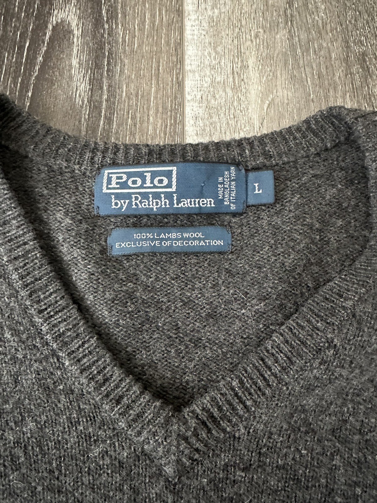PONY POLO RALPH LAUREN taglia L maglione uomo 100% filato italiano lana agnello scollo a V grigio
