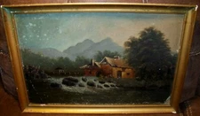 c1890 ANTIQUE OIL ON BOARD PAINTING WATER WHEEL FLOUR BILL ON RIVER FARM BURKE