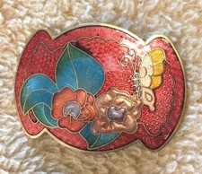 Vintage Cloisonn  Buckle Enamel Butterfly Belt Rose pink Japan Enameled Metal