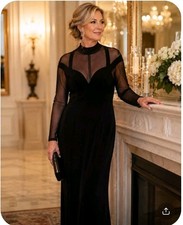Black Velvet Mesh Illusion Long Sleeve Evening Gown Maxi Dress High Neck