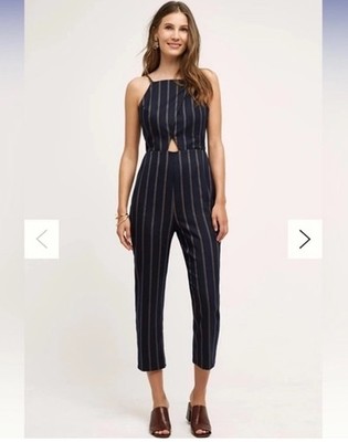 NWT JOA Anthropologie Cartonnier Naeve Jumpsuit Navy Blue Striped Women s L