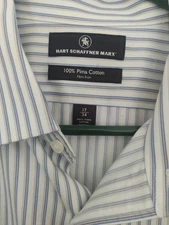 Hart Schaffner Marx Mens Button Up Shirt 17-34 Blue Striped Long Sleeve
