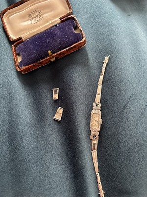 Antique Art Deco Platinum & Diamond Watch With Adjustable Braclet Strap Boxed