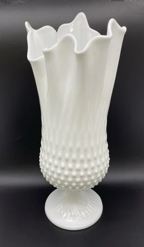 Vintage 13" Fenton White Milk Glass Vase Hobnail Handkerchief Swung Vase