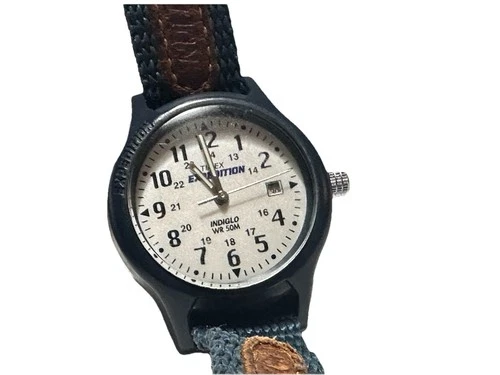 Timex Expedition Indiglo WR 50M Watch Blue Leather Accent Needs Battery VTG