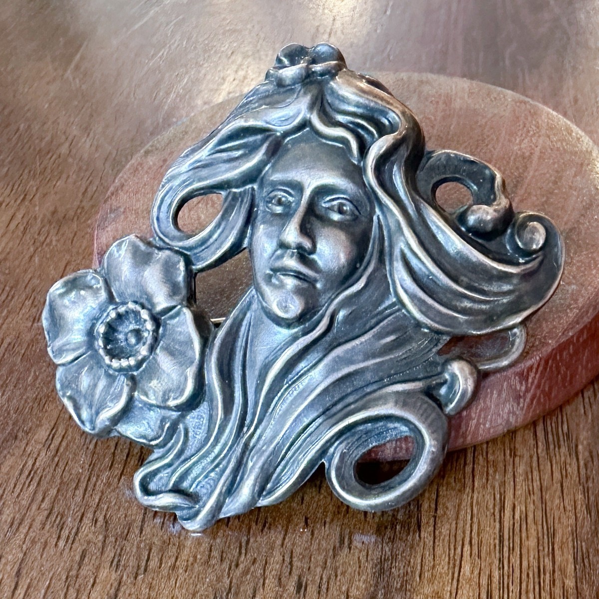 Antique Art Nouveau Silver and Brass Woman Long flowing hair 